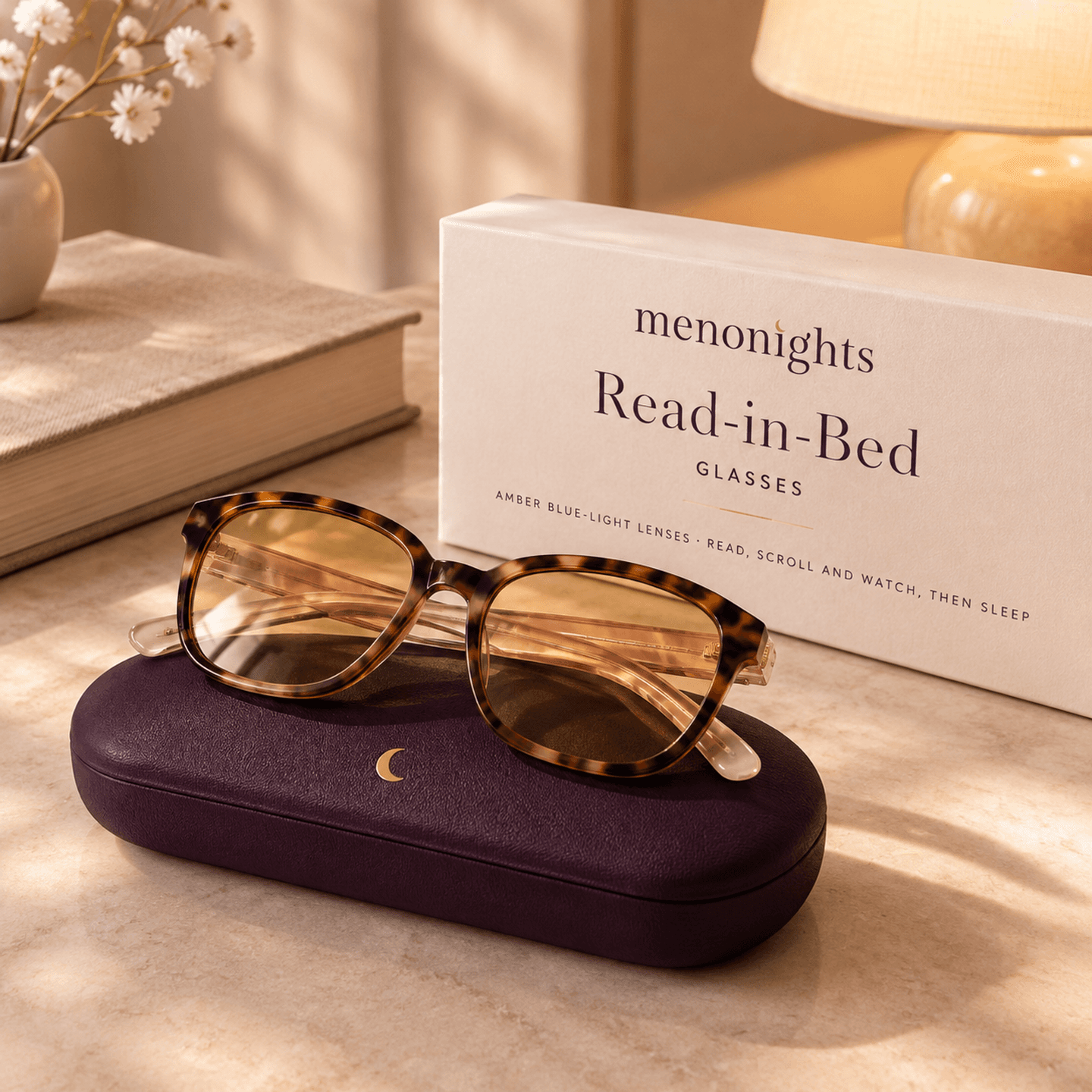 Read-in-Bed Glasses by MenoNights, with its box Read-in-Bed Glasses by MenoNights, with its box