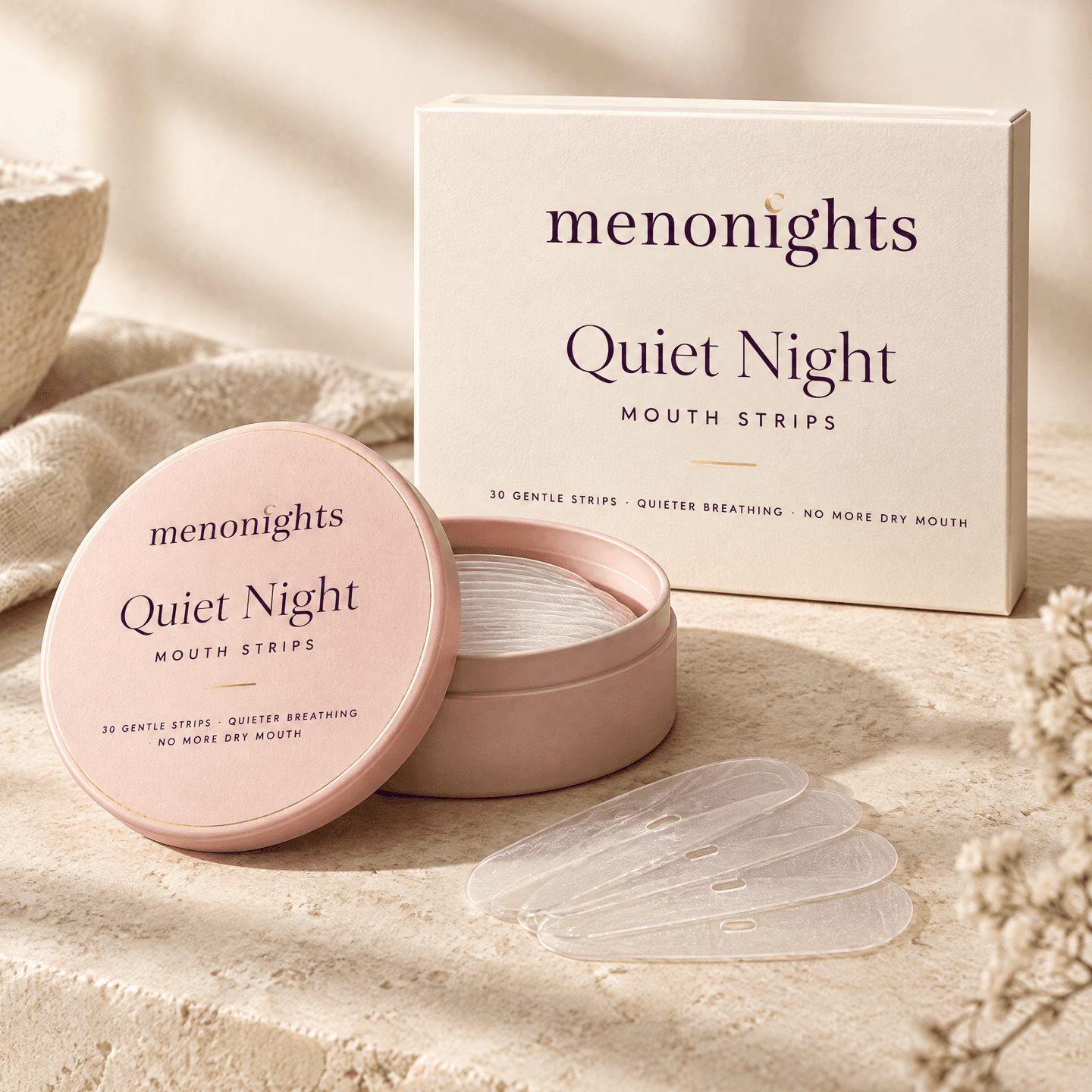 Quiet Night Strips by MenoNights, with its box Quiet Night Strips by MenoNights, with its box